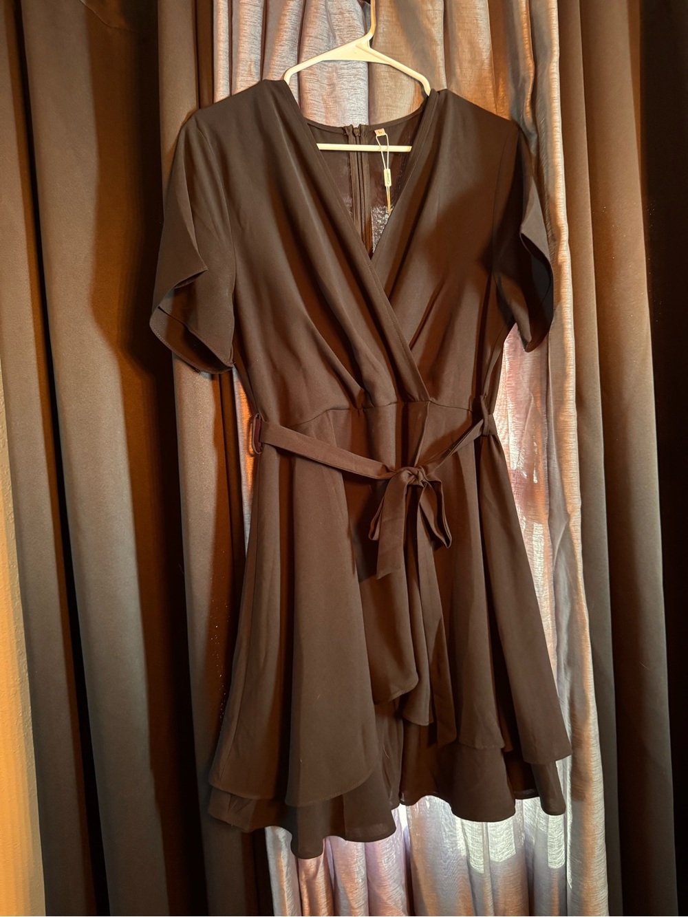 Chiffon Black Mini Wrap Dress with Tie Waist
